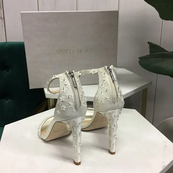 Jimmy Choo Delia Mini Flower Embellished Satin Heels 100mm - Picture 2 of 7